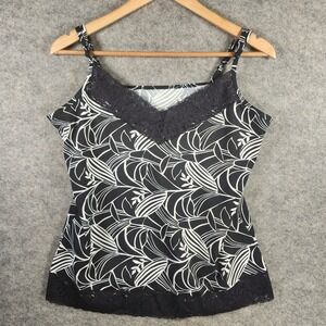GNW Camisole Women Large Black White Lace Trim Abstract Print Adjustable Strap